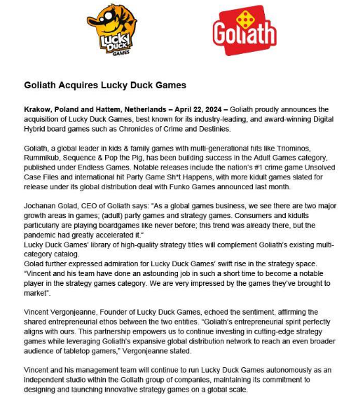 Goliath compra a Lucky Duck Games